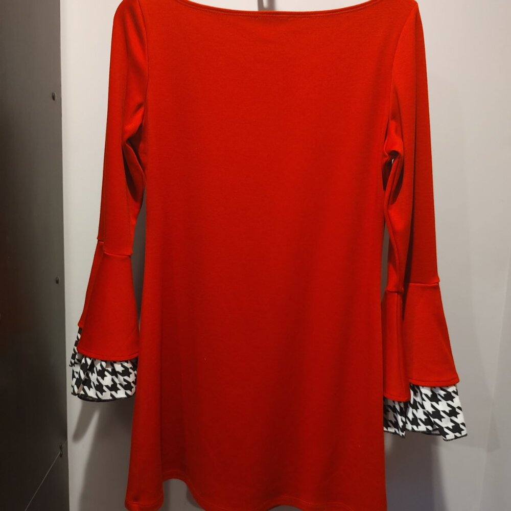 Red Dress, flared sleeves, black gingham, party dress by Basically, made in USA - Picture 3 of 8